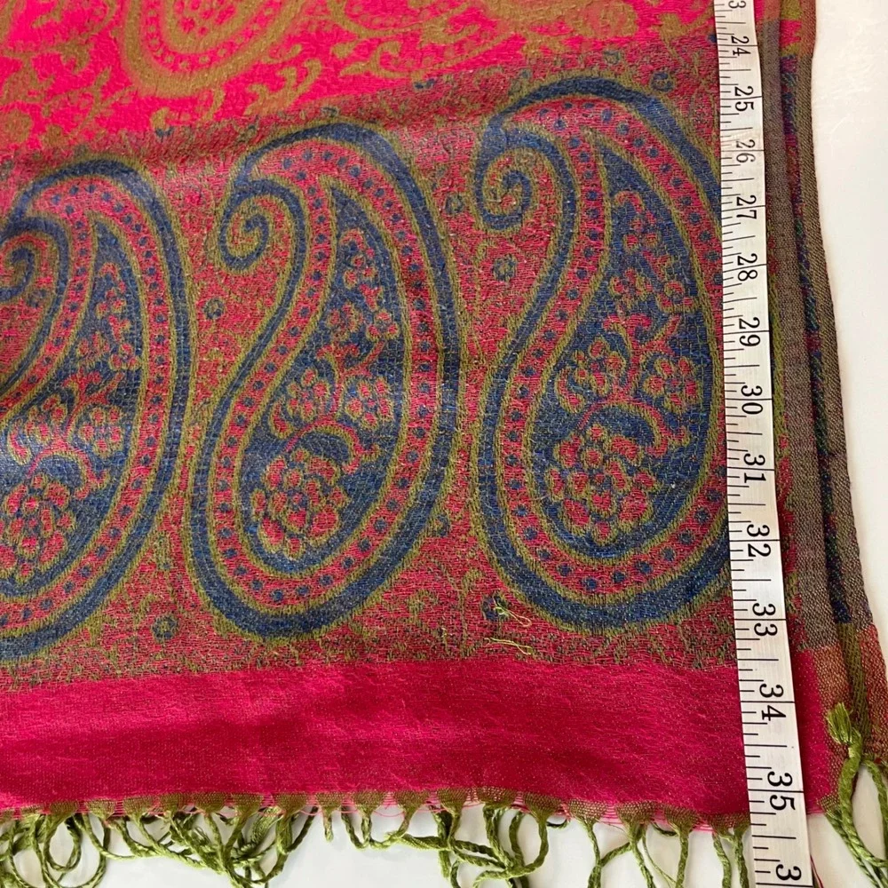 Pashmina Silk Blend Paisley Scarf Pink Green Blue Fringe Wrap Shawl Bohemian